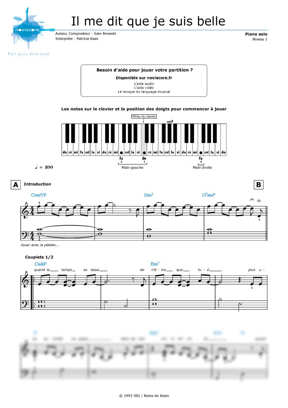 Klaviernoten Il me dit que je suis belle (Patricia Kaas) | Noviscore Noten